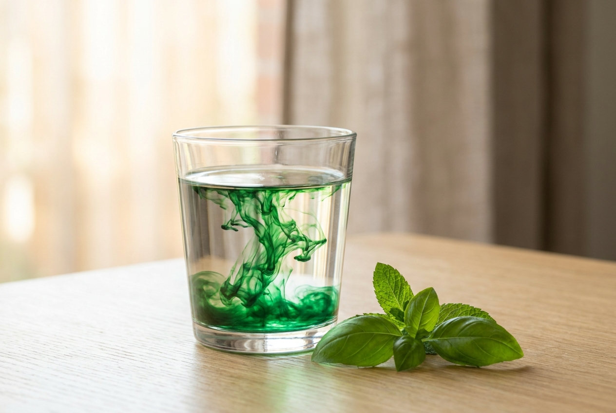 Chlorophyll swirling in a glass of water