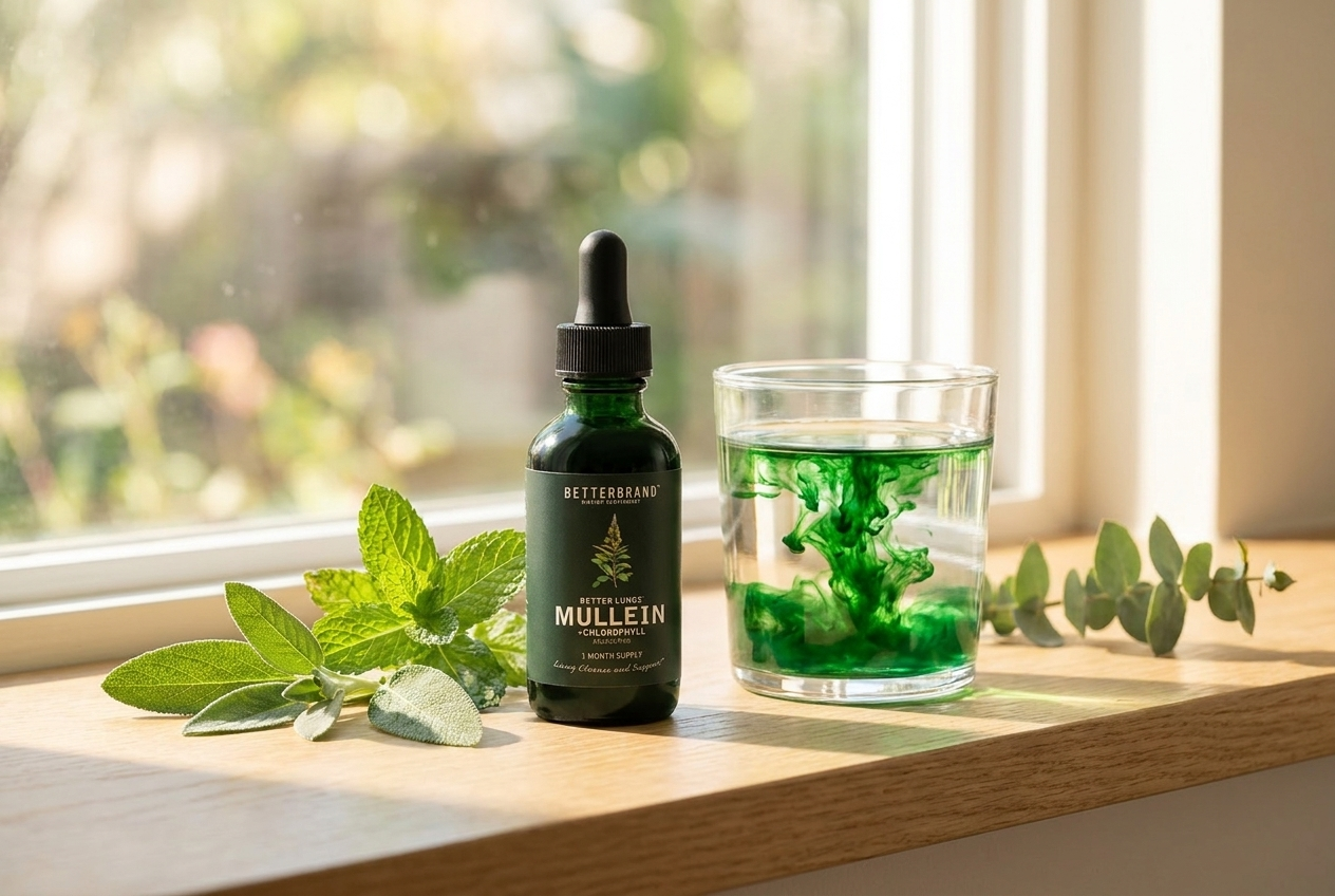 BetterLungs Mullein + Chlorophyll on a sunlit windowsill beside a glass of chlorophyll water