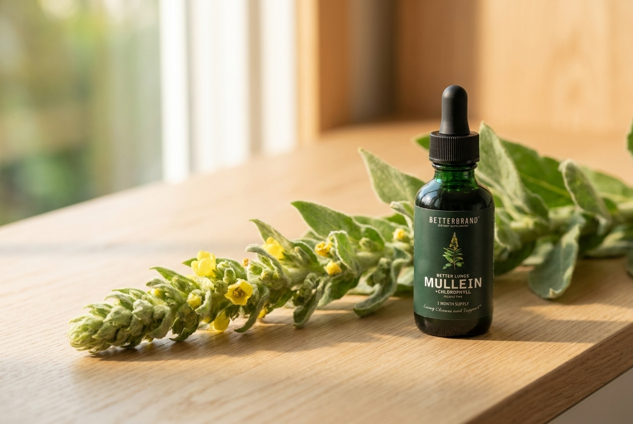 Mullein flower and leaves beside the BetterLungs bottle