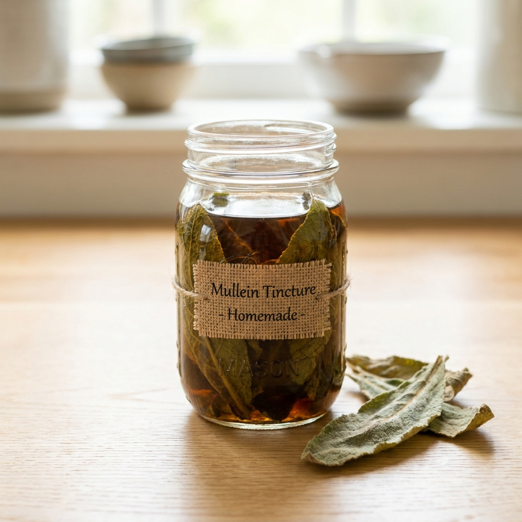 Homemade mullein tincture steeping in a jar