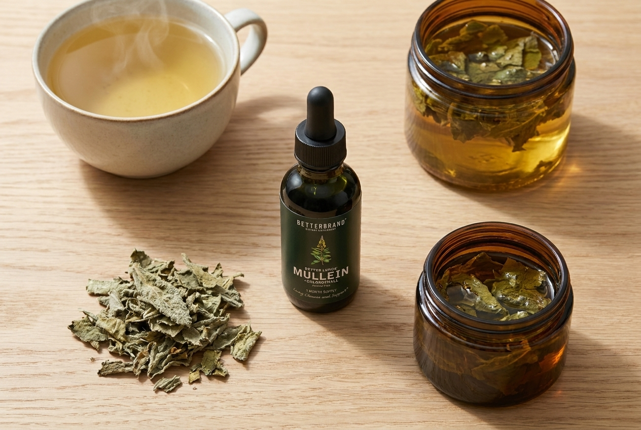 Ways to use mullein: dried leaf, tea, a steeping jar, and the BetterLungs tincture